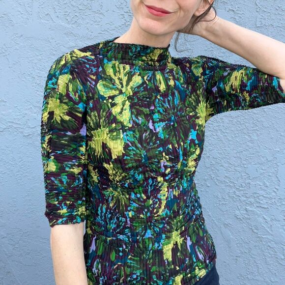 Women's Crinkle Blouse Mockneck y2k Pleated top S/M - Picture 1 of 8
